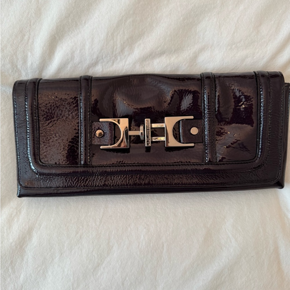 AK Anne Klein Deep Eggplant Patent Leather Clutch with Silver Buckle NWT